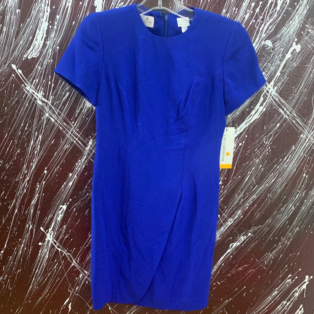 Liz Claiborne Petite Royal Blue Short Sleeve Sheath Tulip Hem Dress 2P NWT